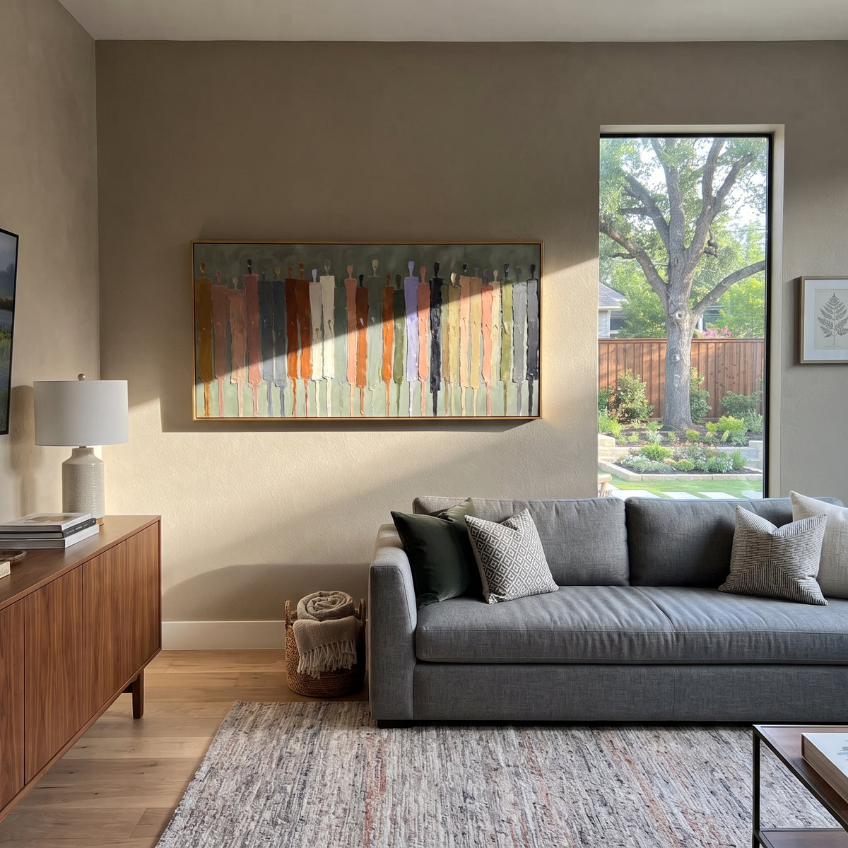 River Cobalt Color Figure Chorus focuses on a row of elongated painted figures in varied colors. The composition keeps the principal subject clearly separated from the painted field, so the eye can follow the specific gesture, silhouette, garment, fur, petal, ridge, or river visible in this artwork. Its color relationships move between orange, pink, and green, with lighter passages opening the focal area and deeper strokes giving the forms weight. Palette-knife edges, impasto ridges, broken