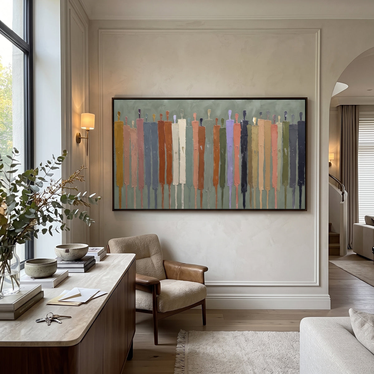 River Cobalt Color Figure Chorus focuses on a row of elongated painted figures in varied colors. The composition keeps the principal subject clearly separated from the painted field, so the eye can follow the specific gesture, silhouette, garment, fur, petal, ridge, or river visible in this artwork. Its color relationships move between orange, pink, and green, with lighter passages opening the focal area and deeper strokes giving the forms weight. Palette-knife edges, impasto ridges, broken