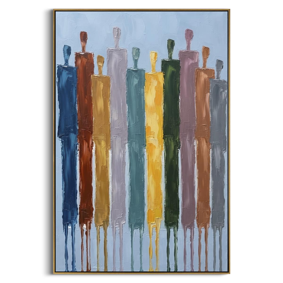 Warm Cobalt Color Figure Chorus focuses on a row of elongated painted figures in varied colors. The composition keeps the principal subject clearly separated from the painted field, so the eye can follow the specific gesture, silhouette, garment, fur, petal, ridge, or river visible in this artwork. Its color relationships move between green, yellow, and beige, with lighter passages opening the focal area and deeper strokes giving the forms weight. Palette-knife edges, impasto ridges, broken