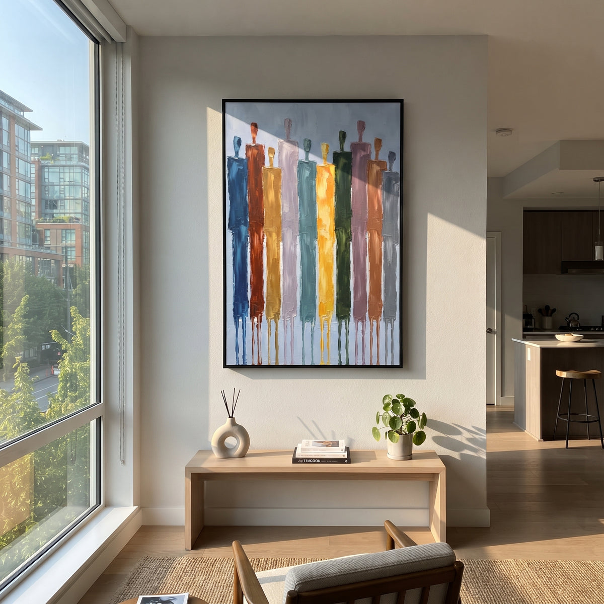 Warm Cobalt Color Figure Chorus focuses on a row of elongated painted figures in varied colors. The composition keeps the principal subject clearly separated from the painted field, so the eye can follow the specific gesture, silhouette, garment, fur, petal, ridge, or river visible in this artwork. Its color relationships move between green, yellow, and beige, with lighter passages opening the focal area and deeper strokes giving the forms weight. Palette-knife edges, impasto ridges, broken