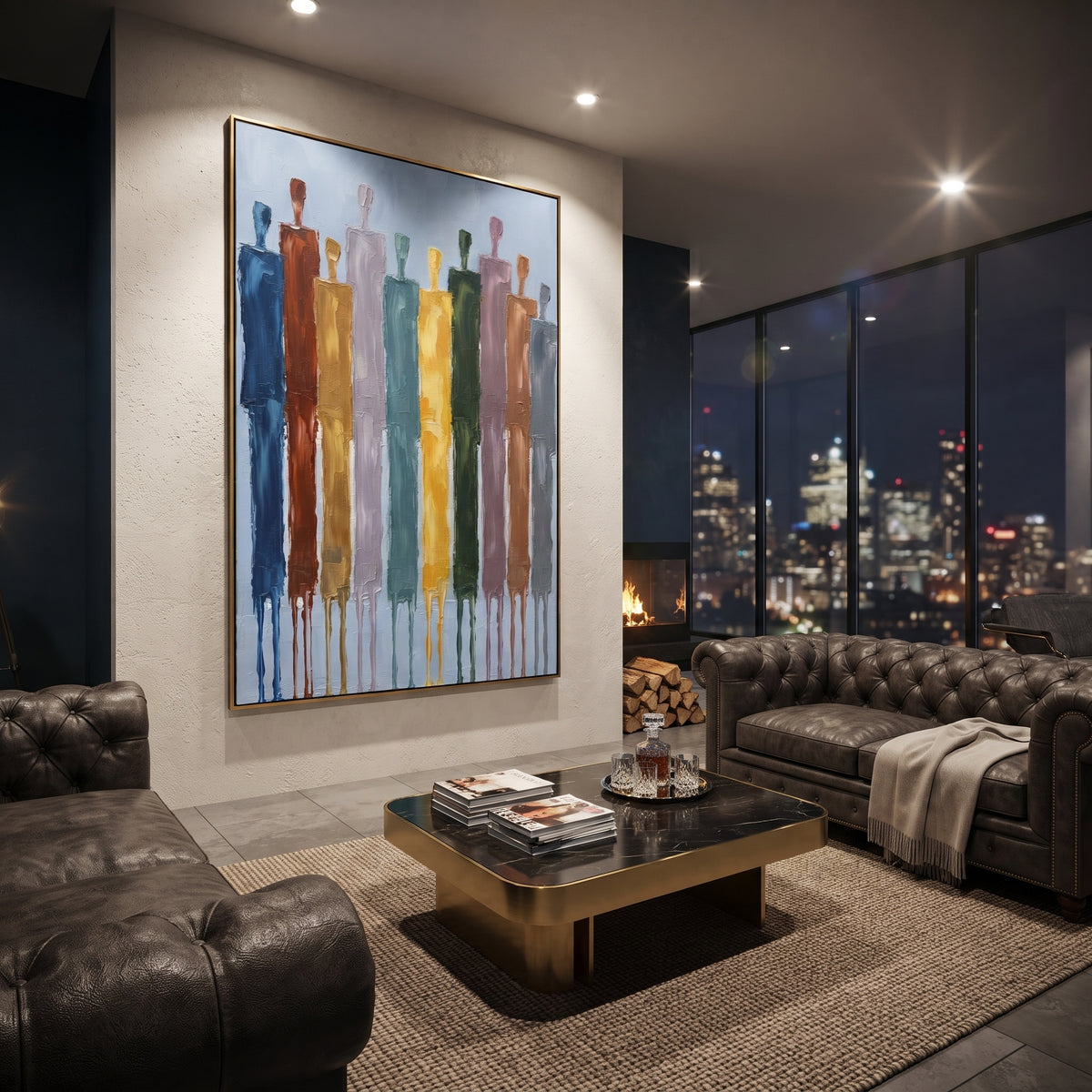 Warm Cobalt Color Figure Chorus focuses on a row of elongated painted figures in varied colors. The composition keeps the principal subject clearly separated from the painted field, so the eye can follow the specific gesture, silhouette, garment, fur, petal, ridge, or river visible in this artwork. Its color relationships move between green, yellow, and beige, with lighter passages opening the focal area and deeper strokes giving the forms weight. Palette-knife edges, impasto ridges, broken