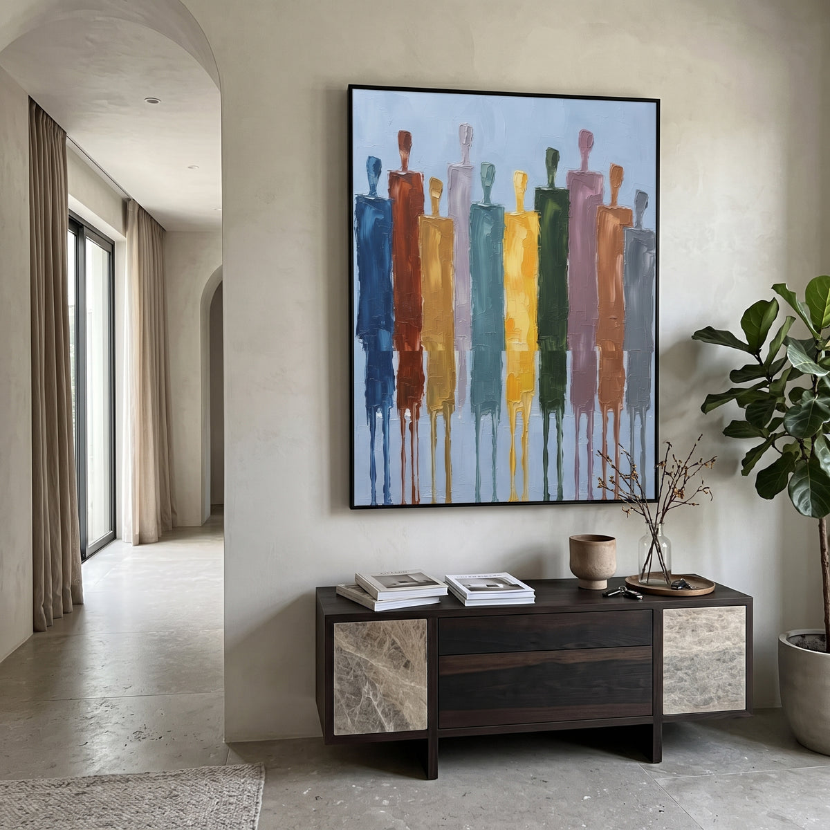 Warm Cobalt Color Figure Chorus focuses on a row of elongated painted figures in varied colors. The composition keeps the principal subject clearly separated from the painted field, so the eye can follow the specific gesture, silhouette, garment, fur, petal, ridge, or river visible in this artwork. Its color relationships move between green, yellow, and beige, with lighter passages opening the focal area and deeper strokes giving the forms weight. Palette-knife edges, impasto ridges, broken