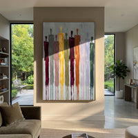 Still Cobalt Color Figure Chorus focuses on a row of elongated painted figures in varied colors. The composition keeps the principal subject clearly separated from the painted field, so the eye can follow the specific gesture, silhouette, garment, fur, petal, ridge, or river visible in this artwork. Its color relationships move between blue, grey, and white, with lighter passages opening the focal area and deeper strokes giving the forms weight. Palette-knife edges, impasto ridges, broken brush