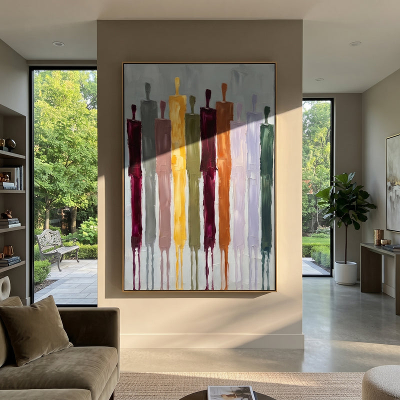 "Still Cobalt Color Figure Chorus" - Modern Heavy Impasto Landscape Artwork | Blue & Grey Palette Knife Painting | Luxury Vertical Wall Art #PT 3020