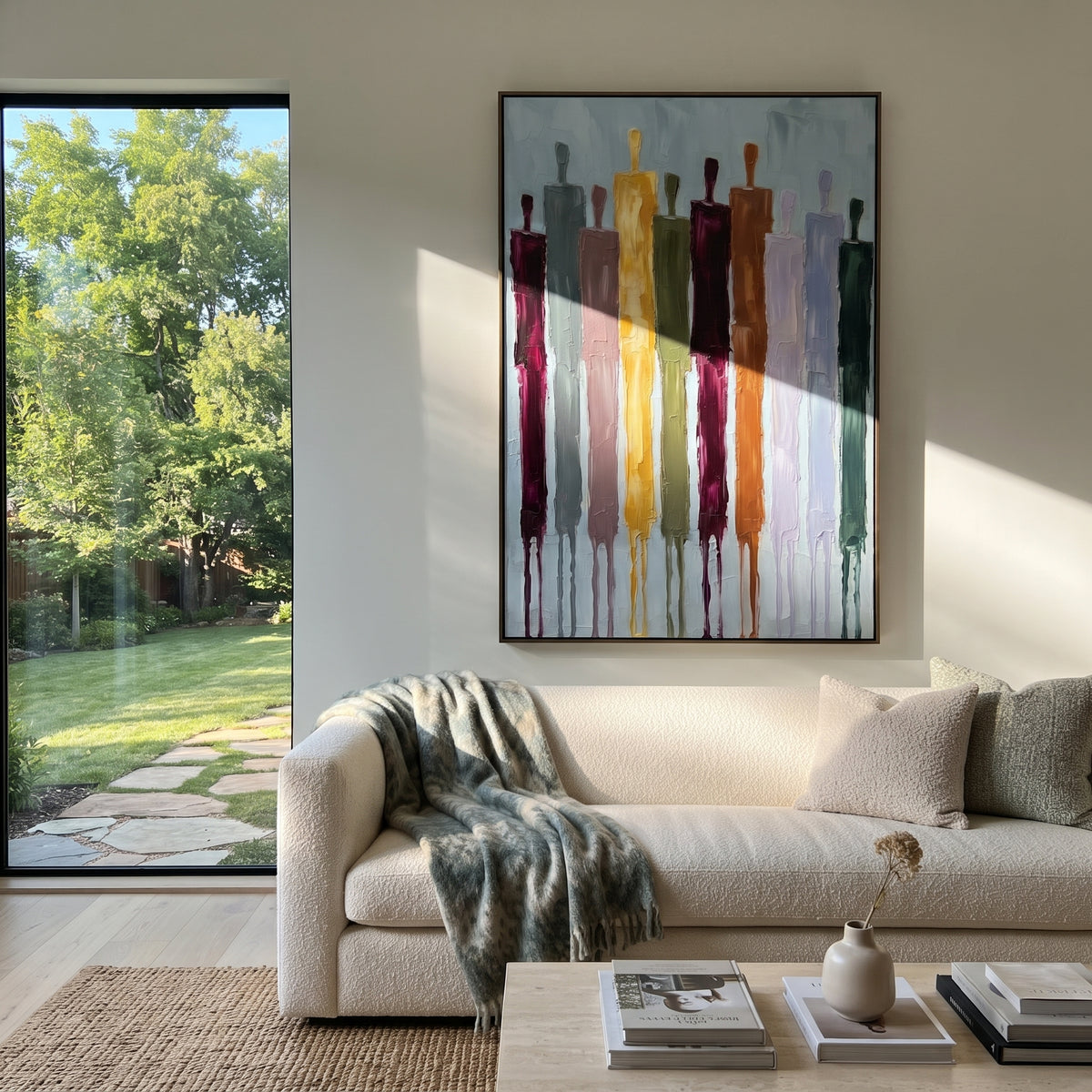 Still Cobalt Color Figure Chorus focuses on a row of elongated painted figures in varied colors. The composition keeps the principal subject clearly separated from the painted field, so the eye can follow the specific gesture, silhouette, garment, fur, petal, ridge, or river visible in this artwork. Its color relationships move between blue, grey, and white, with lighter passages opening the focal area and deeper strokes giving the forms weight. Palette-knife edges, impasto ridges, broken brush