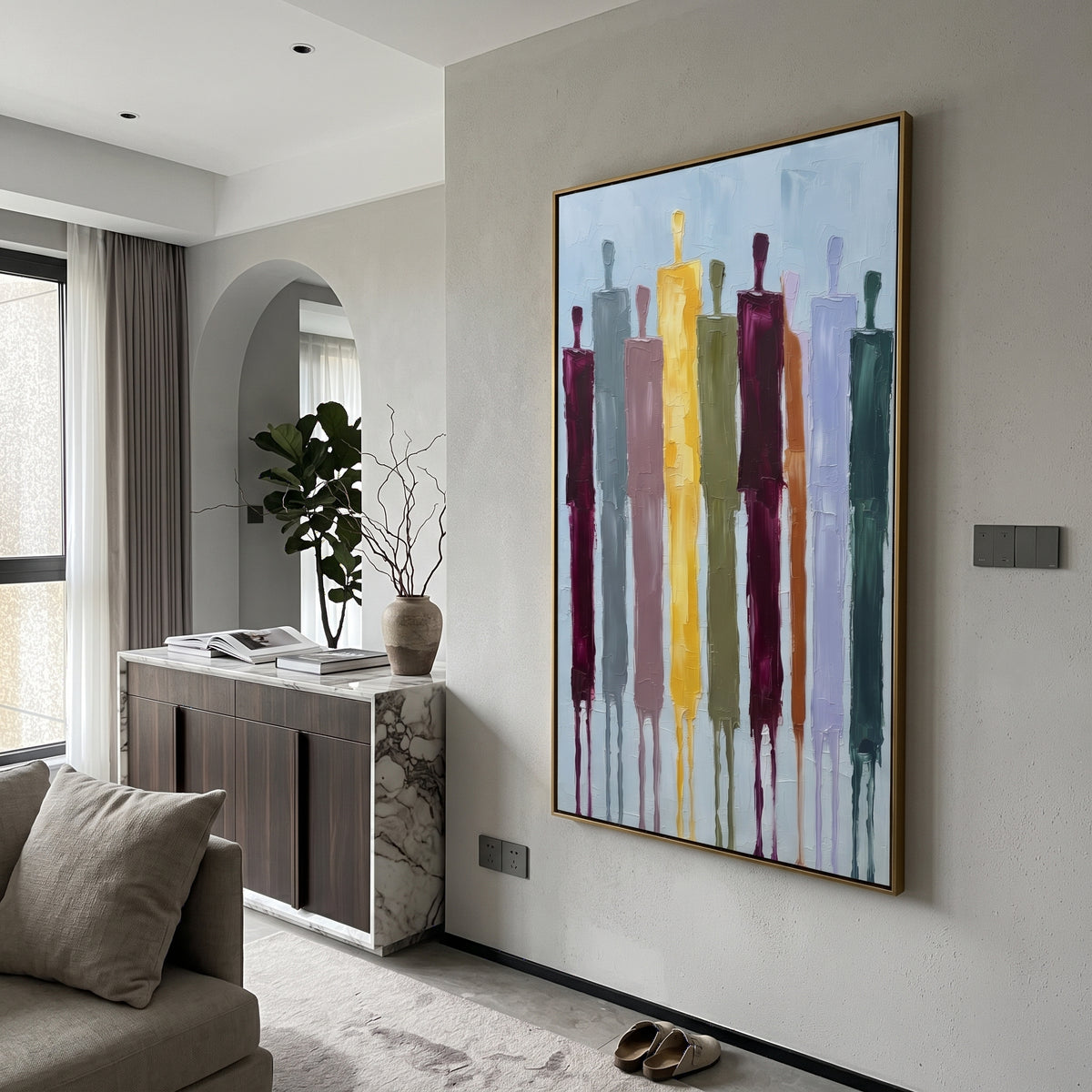 Still Cobalt Color Figure Chorus focuses on a row of elongated painted figures in varied colors. The composition keeps the principal subject clearly separated from the painted field, so the eye can follow the specific gesture, silhouette, garment, fur, petal, ridge, or river visible in this artwork. Its color relationships move between blue, grey, and white, with lighter passages opening the focal area and deeper strokes giving the forms weight. Palette-knife edges, impasto ridges, broken brush