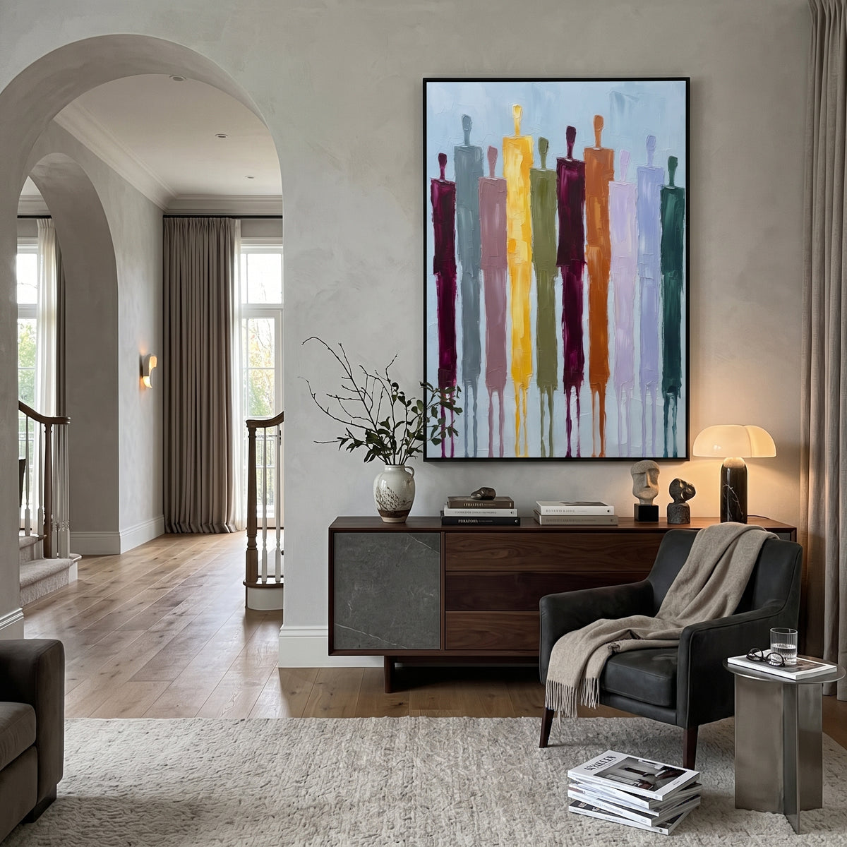 Still Cobalt Color Figure Chorus focuses on a row of elongated painted figures in varied colors. The composition keeps the principal subject clearly separated from the painted field, so the eye can follow the specific gesture, silhouette, garment, fur, petal, ridge, or river visible in this artwork. Its color relationships move between blue, grey, and white, with lighter passages opening the focal area and deeper strokes giving the forms weight. Palette-knife edges, impasto ridges, broken brush