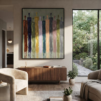 Gentle Cobalt Color Figure Chorus focuses on a row of elongated painted figures in varied colors. The composition keeps the principal subject clearly separated from the painted field, so the eye can follow the specific gesture, silhouette, garment, fur, petal, ridge, or river visible in this artwork. Its color relationships move between green, brown, and yellow, with lighter passages opening the focal area and deeper strokes giving the forms weight. Palette-knife edges, impasto ridges, broken