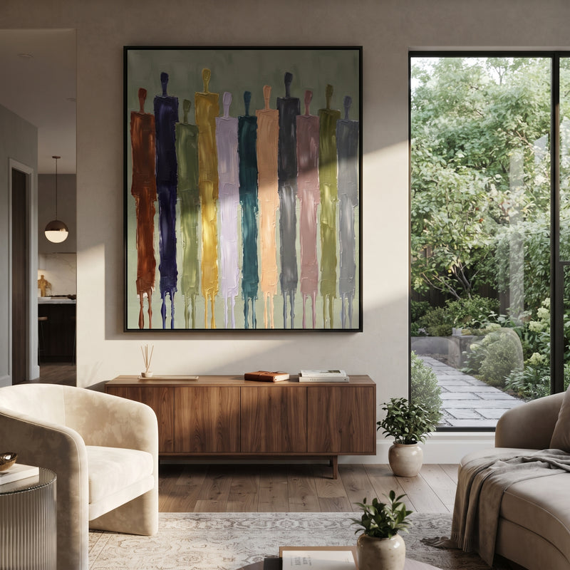 "Gentle Cobalt Color Figure Chorus" - Modern Heavy Impasto Landscape Artwork | Green & Brown Palette Knife Painting | Luxury Vertical Wall Art #PT 3021