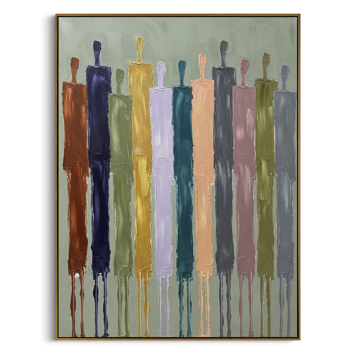 Gentle Cobalt Color Figure Chorus focuses on a row of elongated painted figures in varied colors. The composition keeps the principal subject clearly separated from the painted field, so the eye can follow the specific gesture, silhouette, garment, fur, petal, ridge, or river visible in this artwork. Its color relationships move between green, brown, and yellow, with lighter passages opening the focal area and deeper strokes giving the forms weight. Palette-knife edges, impasto ridges, broken