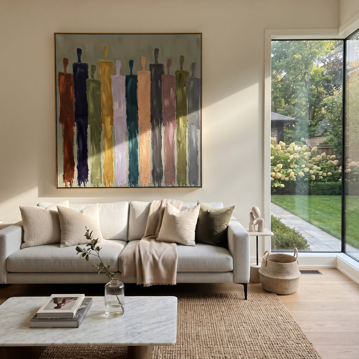 Gentle Cobalt Color Figure Chorus focuses on a row of elongated painted figures in varied colors. The composition keeps the principal subject clearly separated from the painted field, so the eye can follow the specific gesture, silhouette, garment, fur, petal, ridge, or river visible in this artwork. Its color relationships move between green, brown, and yellow, with lighter passages opening the focal area and deeper strokes giving the forms weight. Palette-knife edges, impasto ridges, broken