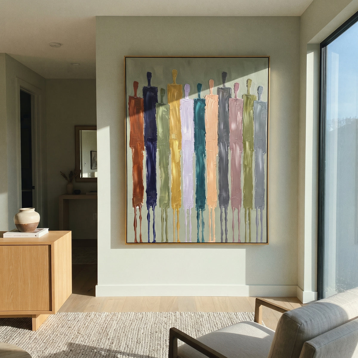 Gentle Cobalt Color Figure Chorus focuses on a row of elongated painted figures in varied colors. The composition keeps the principal subject clearly separated from the painted field, so the eye can follow the specific gesture, silhouette, garment, fur, petal, ridge, or river visible in this artwork. Its color relationships move between green, brown, and yellow, with lighter passages opening the focal area and deeper strokes giving the forms weight. Palette-knife edges, impasto ridges, broken