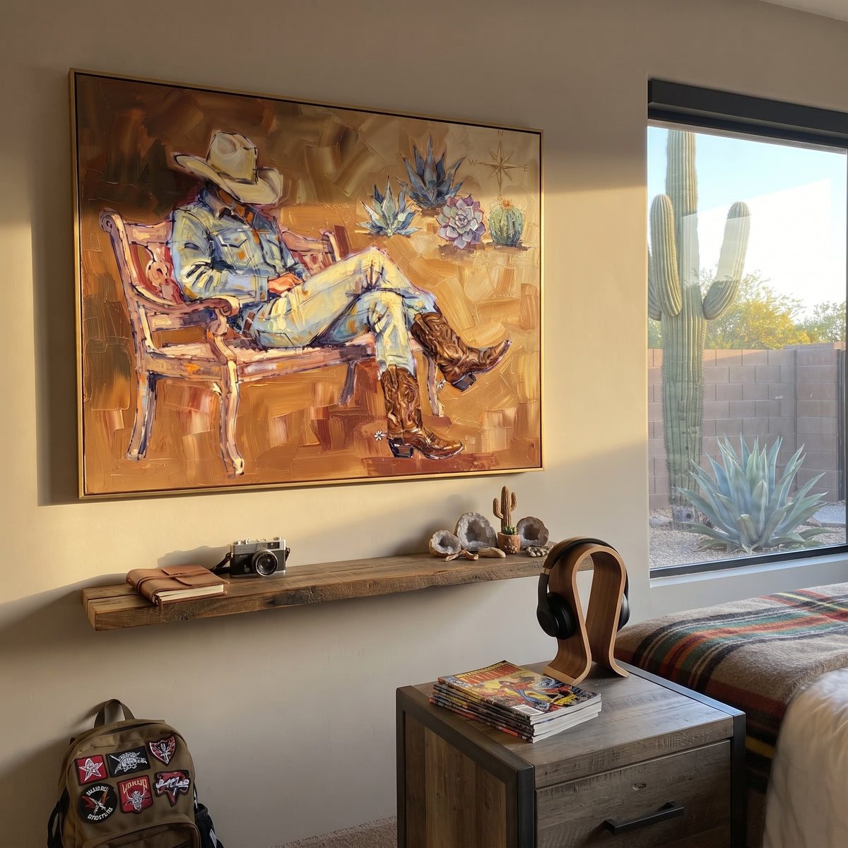 Open Cobalt Seated Western Rider focuses on a relaxed western figure in a broad hat seated in a chair. The composition keeps the principal subject clearly separated from the painted field, so the eye can follow the specific gesture, silhouette, garment, fur, petal, ridge, or river visible in this artwork. Its color relationships move between orange, black, and beige, with lighter passages opening the focal area and deeper strokes giving the forms weight. Palette-knife edges, impasto ridges