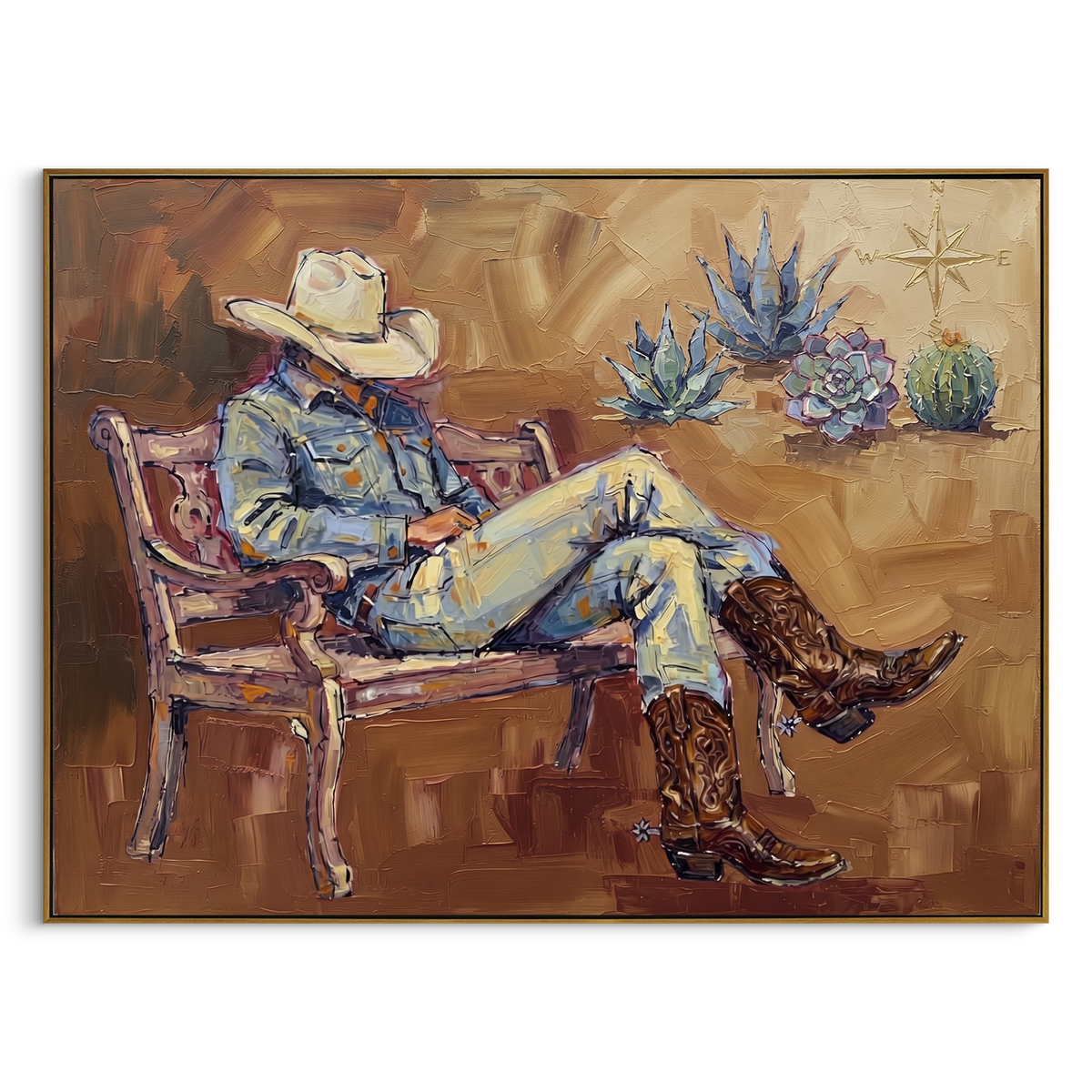 Open Cobalt Seated Western Rider focuses on a relaxed western figure in a broad hat seated in a chair. The composition keeps the principal subject clearly separated from the painted field, so the eye can follow the specific gesture, silhouette, garment, fur, petal, ridge, or river visible in this artwork. Its color relationships move between orange, black, and beige, with lighter passages opening the focal area and deeper strokes giving the forms weight. Palette-knife edges, impasto ridges