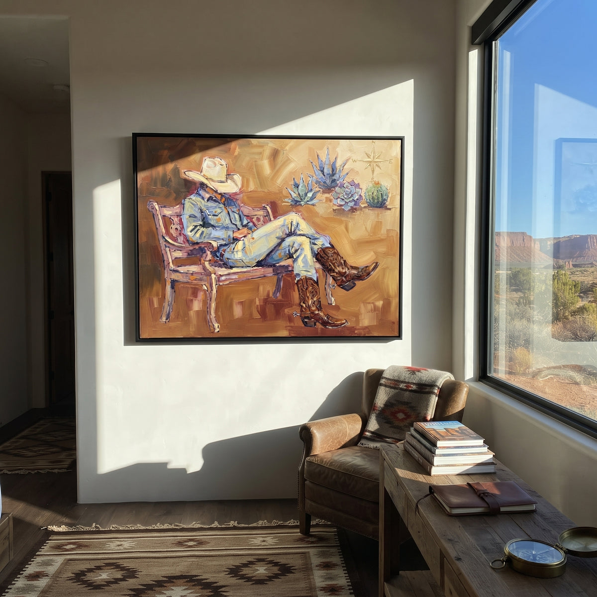 Open Cobalt Seated Western Rider focuses on a relaxed western figure in a broad hat seated in a chair. The composition keeps the principal subject clearly separated from the painted field, so the eye can follow the specific gesture, silhouette, garment, fur, petal, ridge, or river visible in this artwork. Its color relationships move between orange, black, and beige, with lighter passages opening the focal area and deeper strokes giving the forms weight. Palette-knife edges, impasto ridges