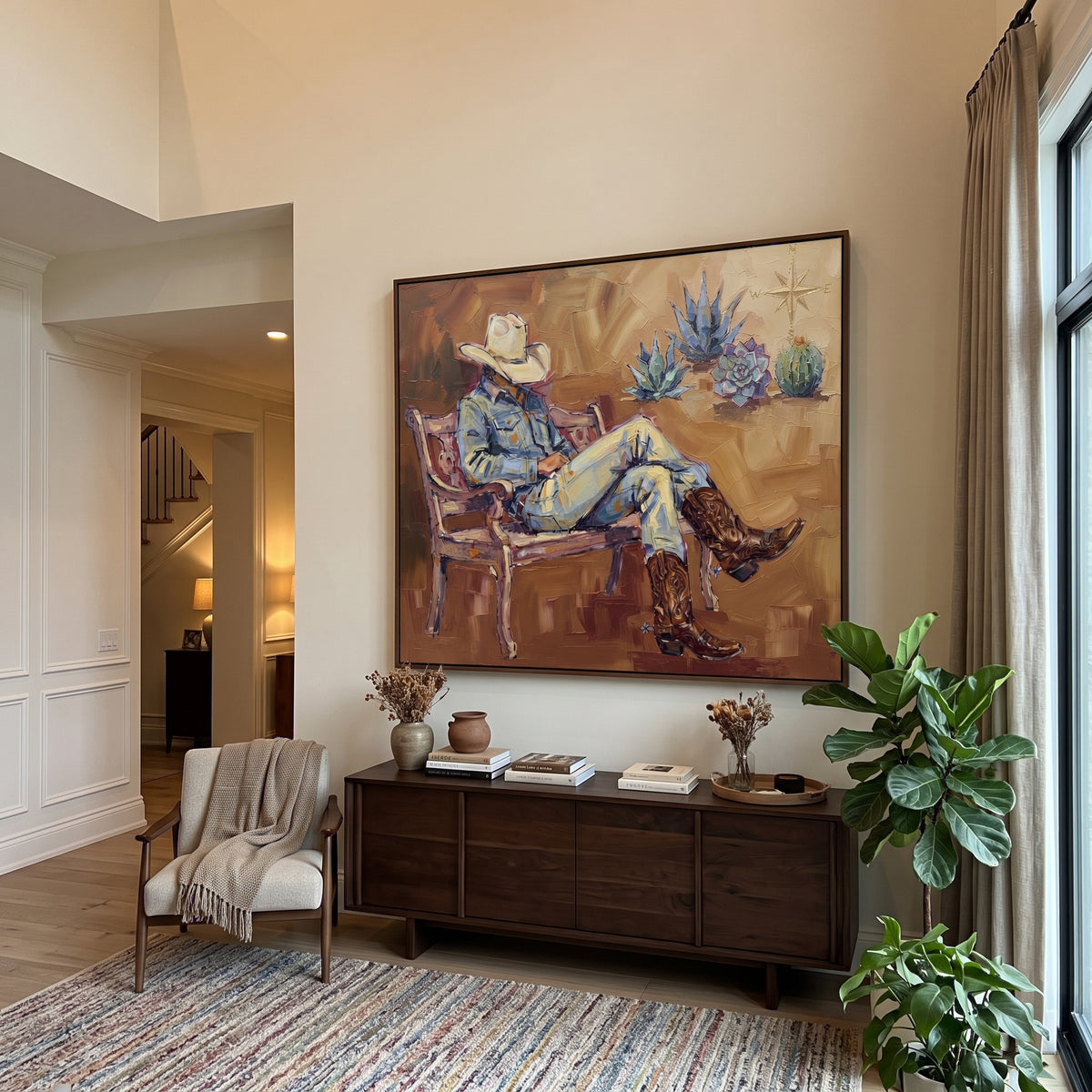 Open Cobalt Seated Western Rider focuses on a relaxed western figure in a broad hat seated in a chair. The composition keeps the principal subject clearly separated from the painted field, so the eye can follow the specific gesture, silhouette, garment, fur, petal, ridge, or river visible in this artwork. Its color relationships move between orange, black, and beige, with lighter passages opening the focal area and deeper strokes giving the forms weight. Palette-knife edges, impasto ridges