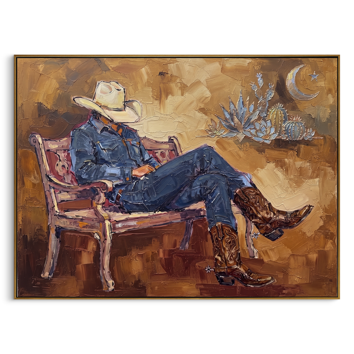 Wandering Cobalt Seated Western Rider focuses on a relaxed western figure in a broad hat seated in a chair. The composition keeps the principal subject clearly separated from the painted field, so the eye can follow the specific gesture, silhouette, garment, fur, petal, ridge, or river visible in this artwork. Its color relationships move between blue, red, and white, with lighter passages opening the focal area and deeper strokes giving the forms weight. Palette-knife edges, impasto ridges