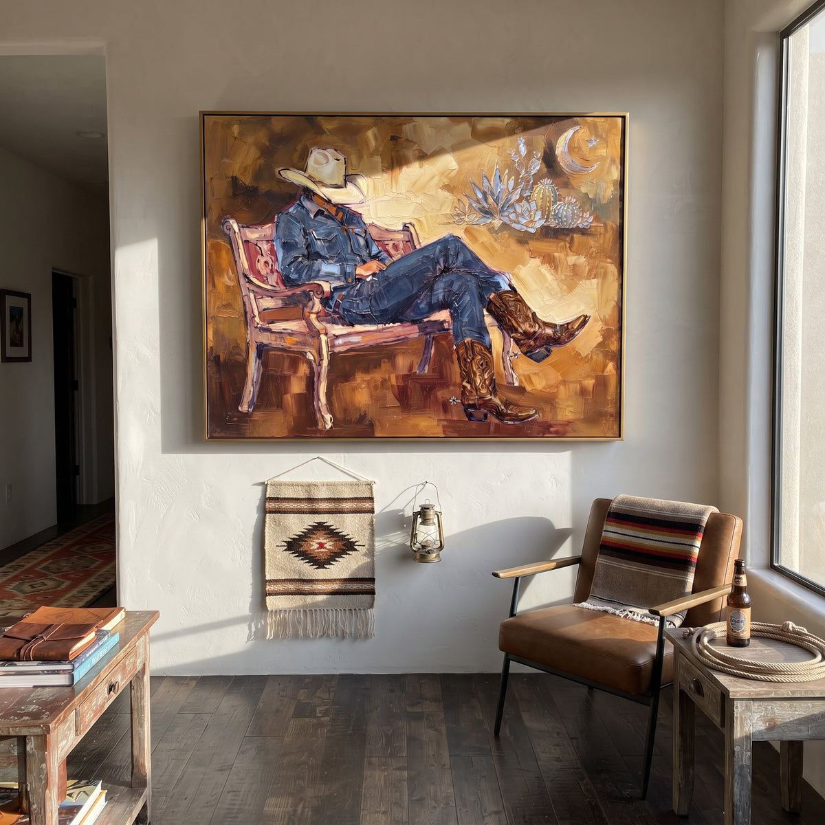Wandering Cobalt Seated Western Rider focuses on a relaxed western figure in a broad hat seated in a chair. The composition keeps the principal subject clearly separated from the painted field, so the eye can follow the specific gesture, silhouette, garment, fur, petal, ridge, or river visible in this artwork. Its color relationships move between blue, red, and white, with lighter passages opening the focal area and deeper strokes giving the forms weight. Palette-knife edges, impasto ridges