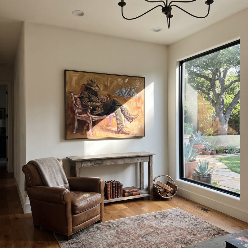 "Reflective Cobalt Seated Western Rider" - Modern Heavy Impasto Landscape Artwork | Green & Grey Palette Knife Painting | Luxury Horizontal Wall Art #PT 3024