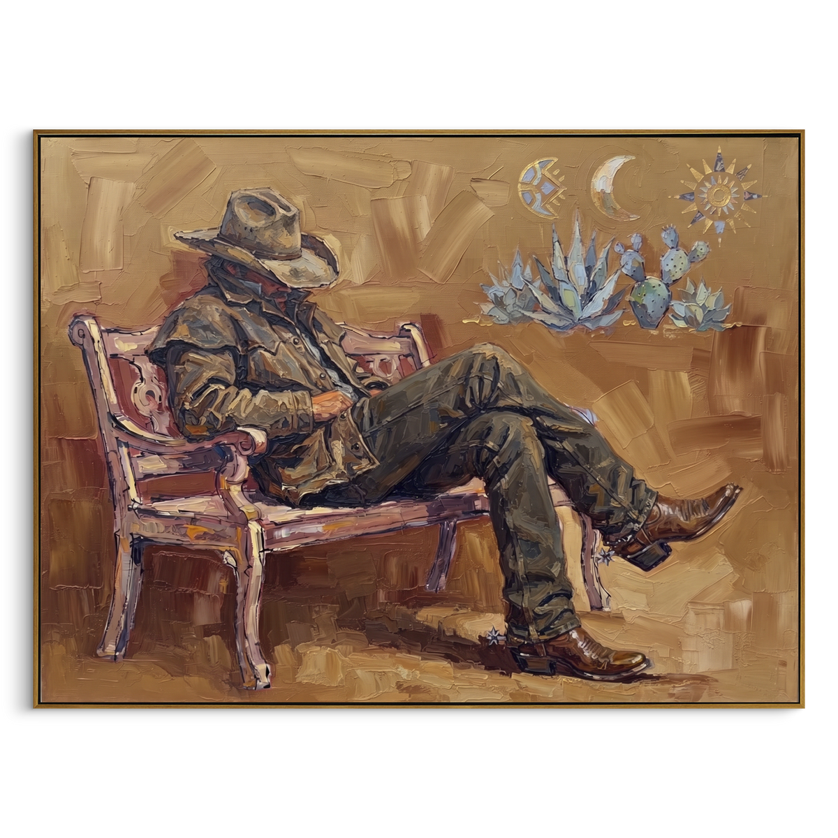 Reflective Cobalt Seated Western Rider focuses on a relaxed western figure in a broad hat seated in a chair. The composition keeps the principal subject clearly separated from the painted field, so the eye can follow the specific gesture, silhouette, garment, fur, petal, ridge, or river visible in this artwork. Its color relationships move between green, grey, and pink, with lighter passages opening the focal area and deeper strokes giving the forms weight. Palette-knife edges, impasto ridges