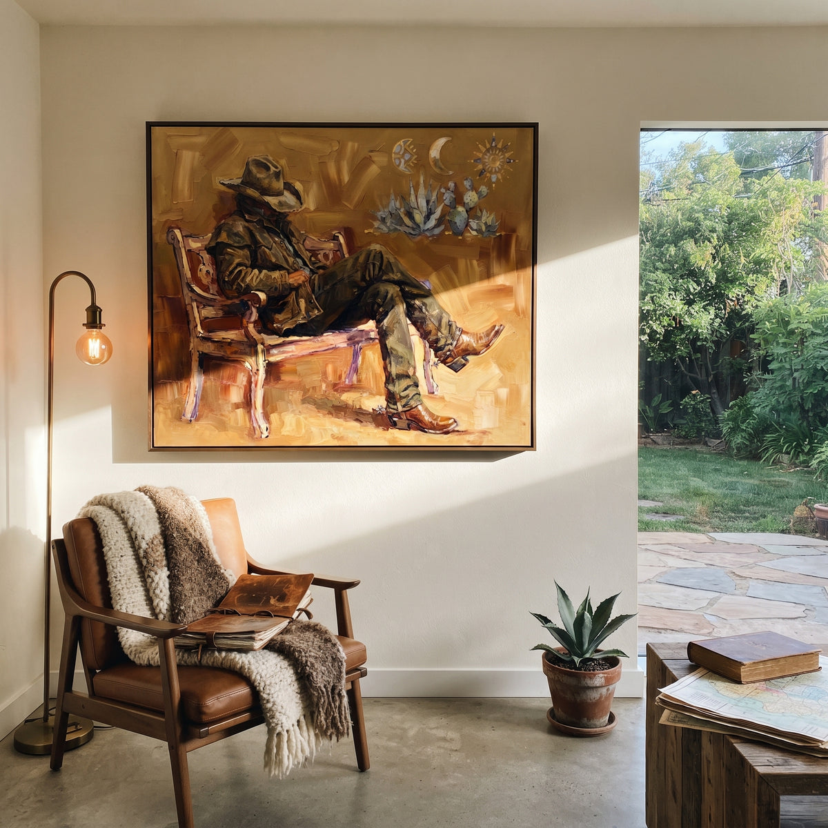 Reflective Cobalt Seated Western Rider focuses on a relaxed western figure in a broad hat seated in a chair. The composition keeps the principal subject clearly separated from the painted field, so the eye can follow the specific gesture, silhouette, garment, fur, petal, ridge, or river visible in this artwork. Its color relationships move between green, grey, and pink, with lighter passages opening the focal area and deeper strokes giving the forms weight. Palette-knife edges, impasto ridges