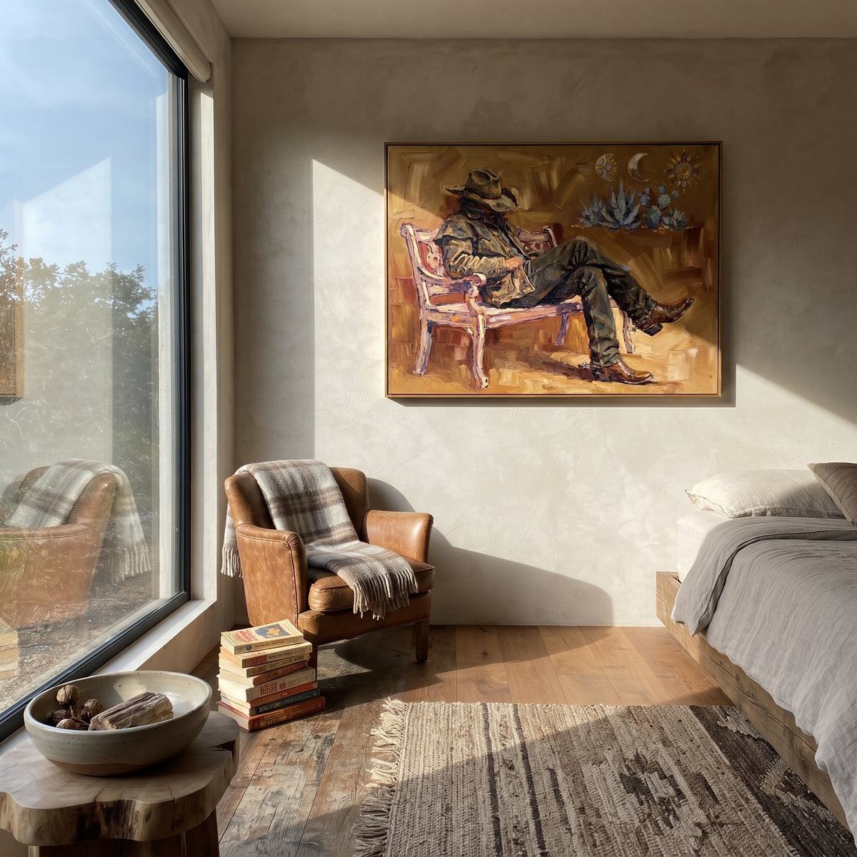 Reflective Cobalt Seated Western Rider focuses on a relaxed western figure in a broad hat seated in a chair. The composition keeps the principal subject clearly separated from the painted field, so the eye can follow the specific gesture, silhouette, garment, fur, petal, ridge, or river visible in this artwork. Its color relationships move between green, grey, and pink, with lighter passages opening the focal area and deeper strokes giving the forms weight. Palette-knife edges, impasto ridges