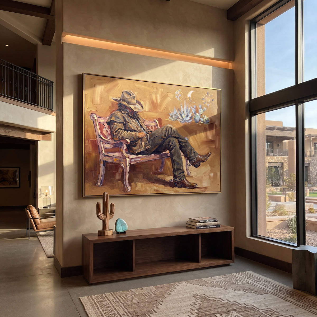 Reflective Cobalt Seated Western Rider focuses on a relaxed western figure in a broad hat seated in a chair. The composition keeps the principal subject clearly separated from the painted field, so the eye can follow the specific gesture, silhouette, garment, fur, petal, ridge, or river visible in this artwork. Its color relationships move between green, grey, and pink, with lighter passages opening the focal area and deeper strokes giving the forms weight. Palette-knife edges, impasto ridges
