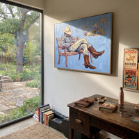 Midnight Cobalt Seated Western Rider focuses on a relaxed western figure in a broad hat seated in a chair. The composition keeps the principal subject clearly separated from the painted field, so the eye can follow the specific gesture, silhouette, garment, fur, petal, ridge, or river visible in this artwork. Its color relationships move between beige, black, and blue, with lighter passages opening the focal area and deeper strokes giving the forms weight. Palette-knife edges, impasto ridges