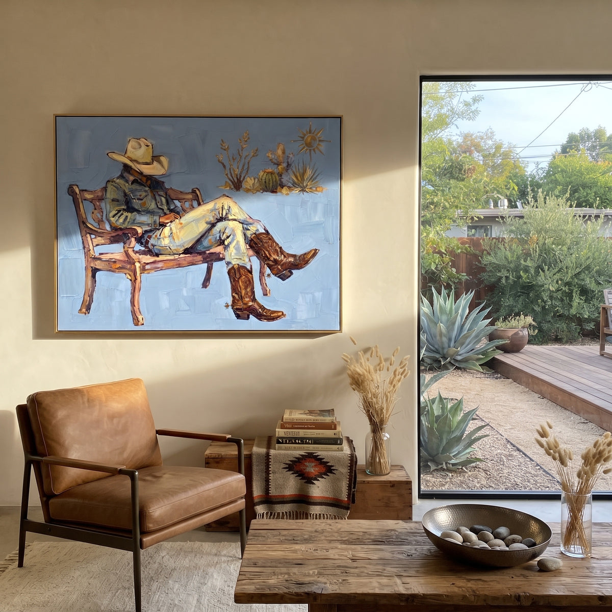 Midnight Cobalt Seated Western Rider focuses on a relaxed western figure in a broad hat seated in a chair. The composition keeps the principal subject clearly separated from the painted field, so the eye can follow the specific gesture, silhouette, garment, fur, petal, ridge, or river visible in this artwork. Its color relationships move between beige, black, and blue, with lighter passages opening the focal area and deeper strokes giving the forms weight. Palette-knife edges, impasto ridges
