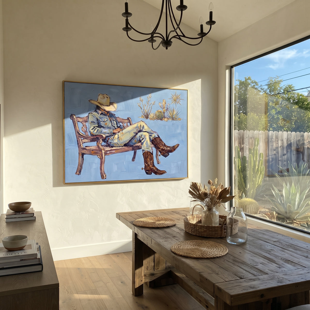 Midnight Cobalt Seated Western Rider focuses on a relaxed western figure in a broad hat seated in a chair. The composition keeps the principal subject clearly separated from the painted field, so the eye can follow the specific gesture, silhouette, garment, fur, petal, ridge, or river visible in this artwork. Its color relationships move between beige, black, and blue, with lighter passages opening the focal area and deeper strokes giving the forms weight. Palette-knife edges, impasto ridges