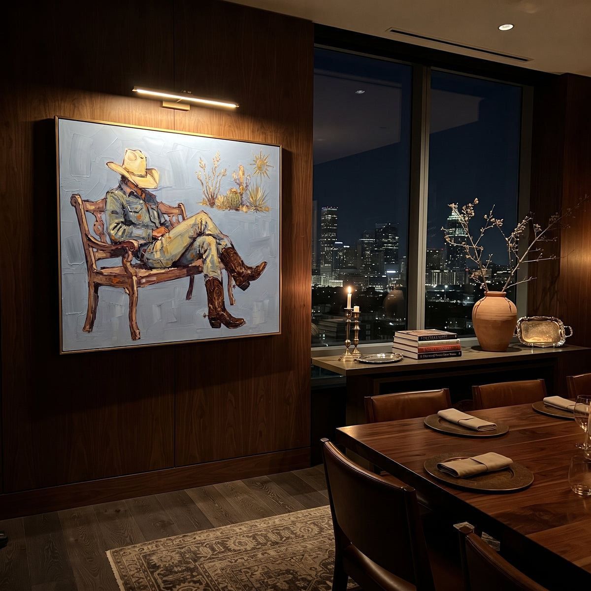 Midnight Cobalt Seated Western Rider focuses on a relaxed western figure in a broad hat seated in a chair. The composition keeps the principal subject clearly separated from the painted field, so the eye can follow the specific gesture, silhouette, garment, fur, petal, ridge, or river visible in this artwork. Its color relationships move between beige, black, and blue, with lighter passages opening the focal area and deeper strokes giving the forms weight. Palette-knife edges, impasto ridges