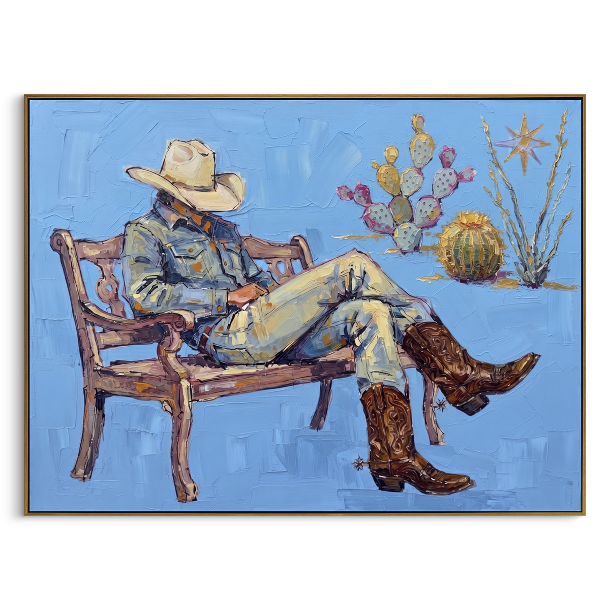 "Storybook Cobalt Seated Western Rider" - Modern Heavy Impasto Landscape Artwork | Purple & Green Palette Knife Painting | Luxury Horizontal Wall Art #PT 3026