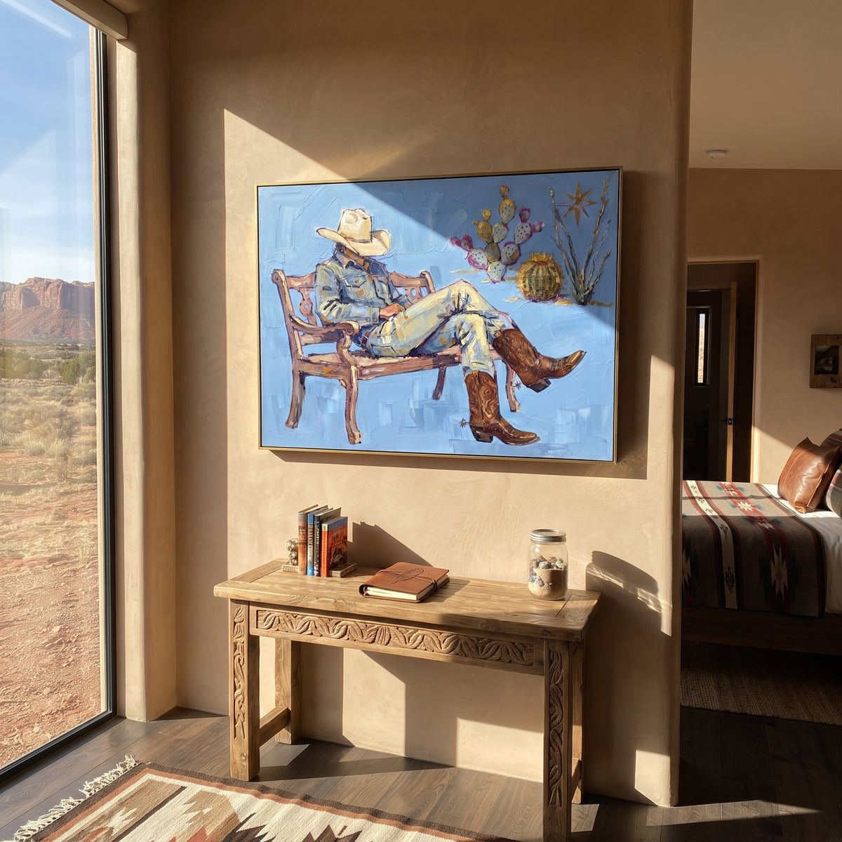 Storybook Cobalt Seated Western Rider focuses on a relaxed western figure in a broad hat seated in a chair. The composition keeps the principal subject clearly separated from the painted field, so the eye can follow the specific gesture, silhouette, garment, fur, petal, ridge, or river visible in this artwork. Its color relationships move between purple, green, and white, with lighter passages opening the focal area and deeper strokes giving the forms weight. Palette-knife edges, impasto ridges