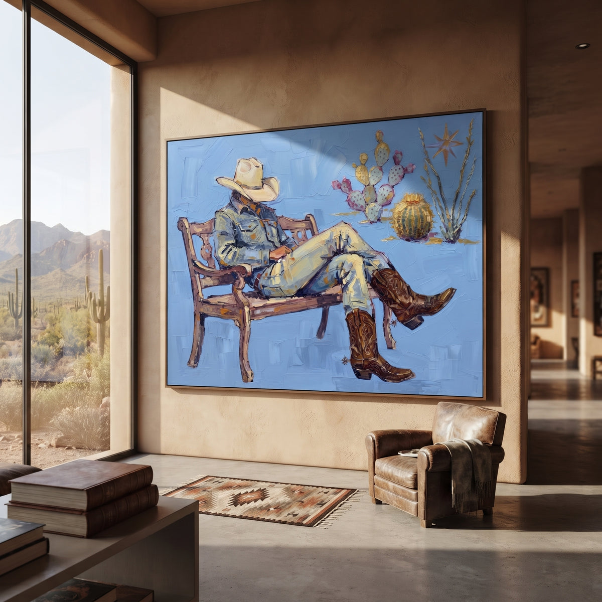 Storybook Cobalt Seated Western Rider focuses on a relaxed western figure in a broad hat seated in a chair. The composition keeps the principal subject clearly separated from the painted field, so the eye can follow the specific gesture, silhouette, garment, fur, petal, ridge, or river visible in this artwork. Its color relationships move between purple, green, and white, with lighter passages opening the focal area and deeper strokes giving the forms weight. Palette-knife edges, impasto ridges