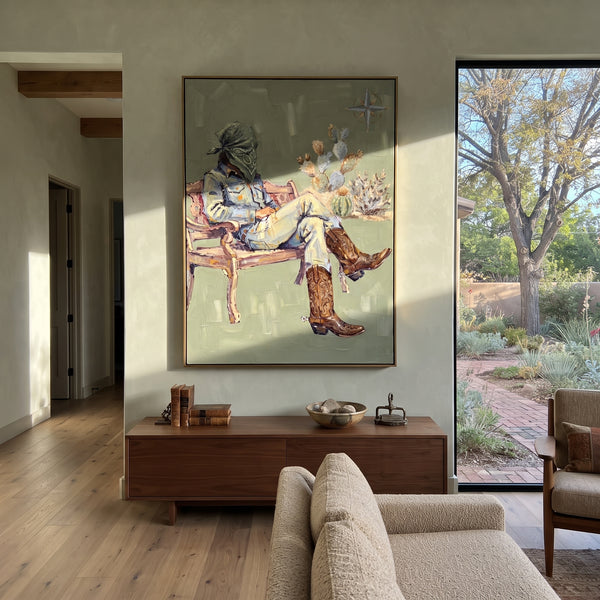 "Quiet Mossy Seated Western Rider" - Modern Heavy Impasto Landscape Artwork | Blue & Beige Palette Knife Painting | Luxury Vertical Wall Art #PT 3027