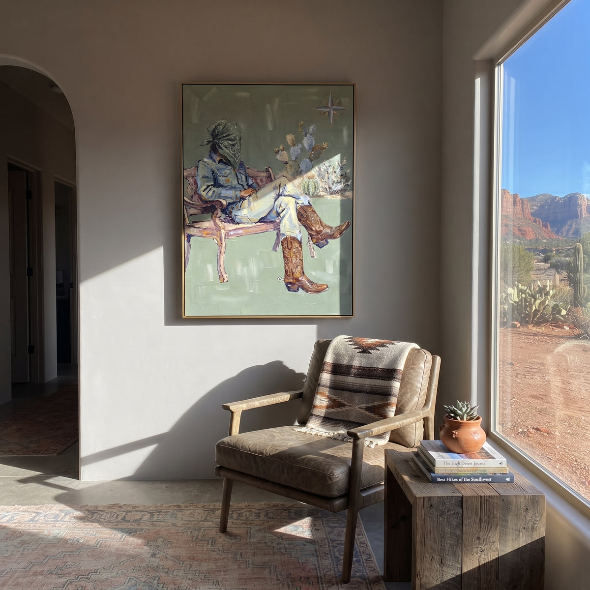 Quiet Mossy Seated Western Rider focuses on a relaxed western figure in a broad hat seated in a chair. The composition keeps the principal subject clearly separated from the painted field, so the eye can follow the specific gesture, silhouette, garment, fur, petal, ridge, or river visible in this artwork. Its color relationships move between blue, beige, and brown, with lighter passages opening the focal area and deeper strokes giving the forms weight. Palette-knife edges, impasto ridges, broken