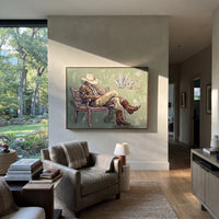 Luminous Mossy Seated Western Rider focuses on a relaxed western figure in a broad hat seated in a chair. The composition keeps the principal subject clearly separated from the painted field, so the eye can follow the specific gesture, silhouette, garment, fur, petal, ridge, or river visible in this artwork. Its color relationships move between orange, pink, and green, with lighter passages opening the focal area and deeper strokes giving the forms weight. Palette-knife edges, impasto ridges