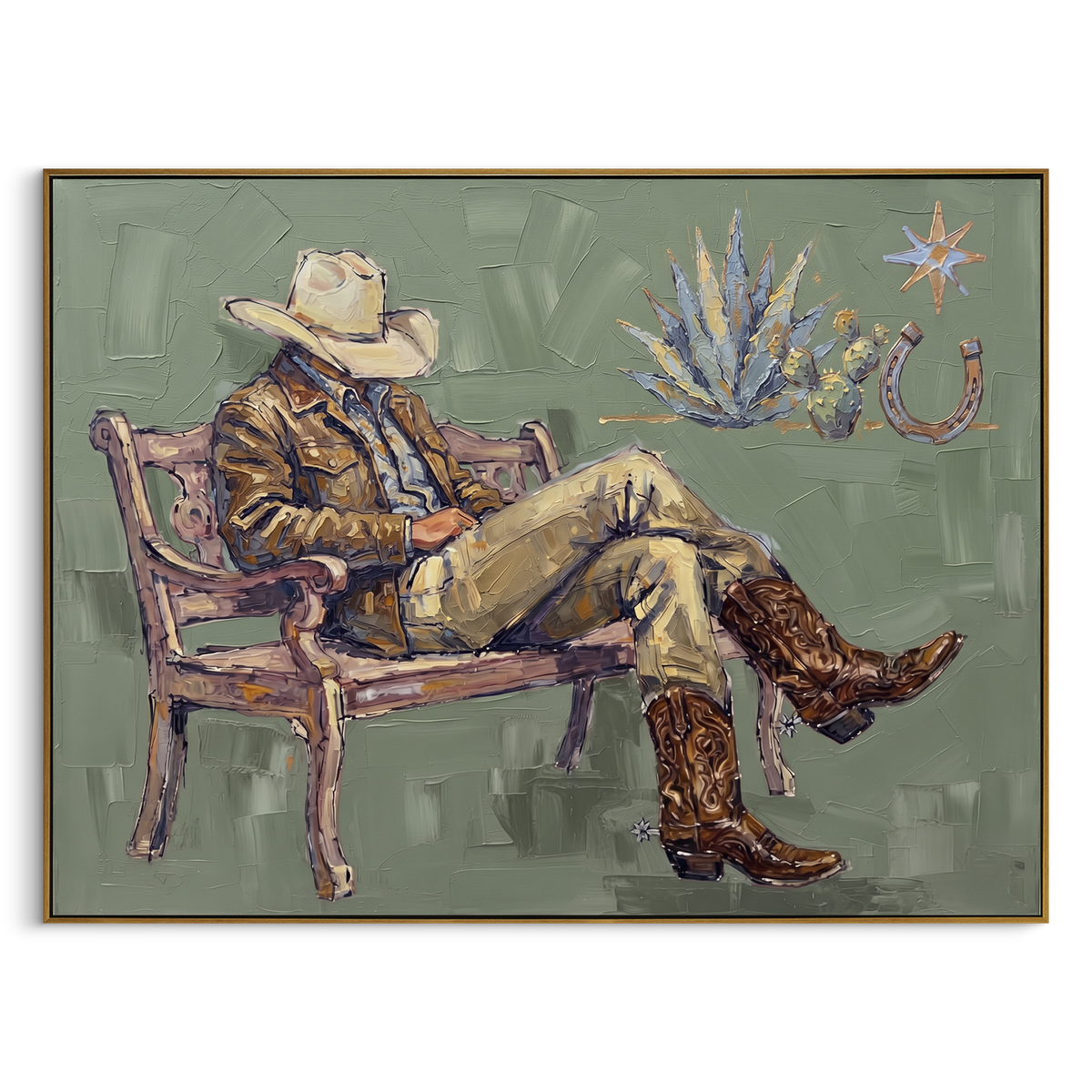 Luminous Mossy Seated Western Rider focuses on a relaxed western figure in a broad hat seated in a chair. The composition keeps the principal subject clearly separated from the painted field, so the eye can follow the specific gesture, silhouette, garment, fur, petal, ridge, or river visible in this artwork. Its color relationships move between orange, pink, and green, with lighter passages opening the focal area and deeper strokes giving the forms weight. Palette-knife edges, impasto ridges