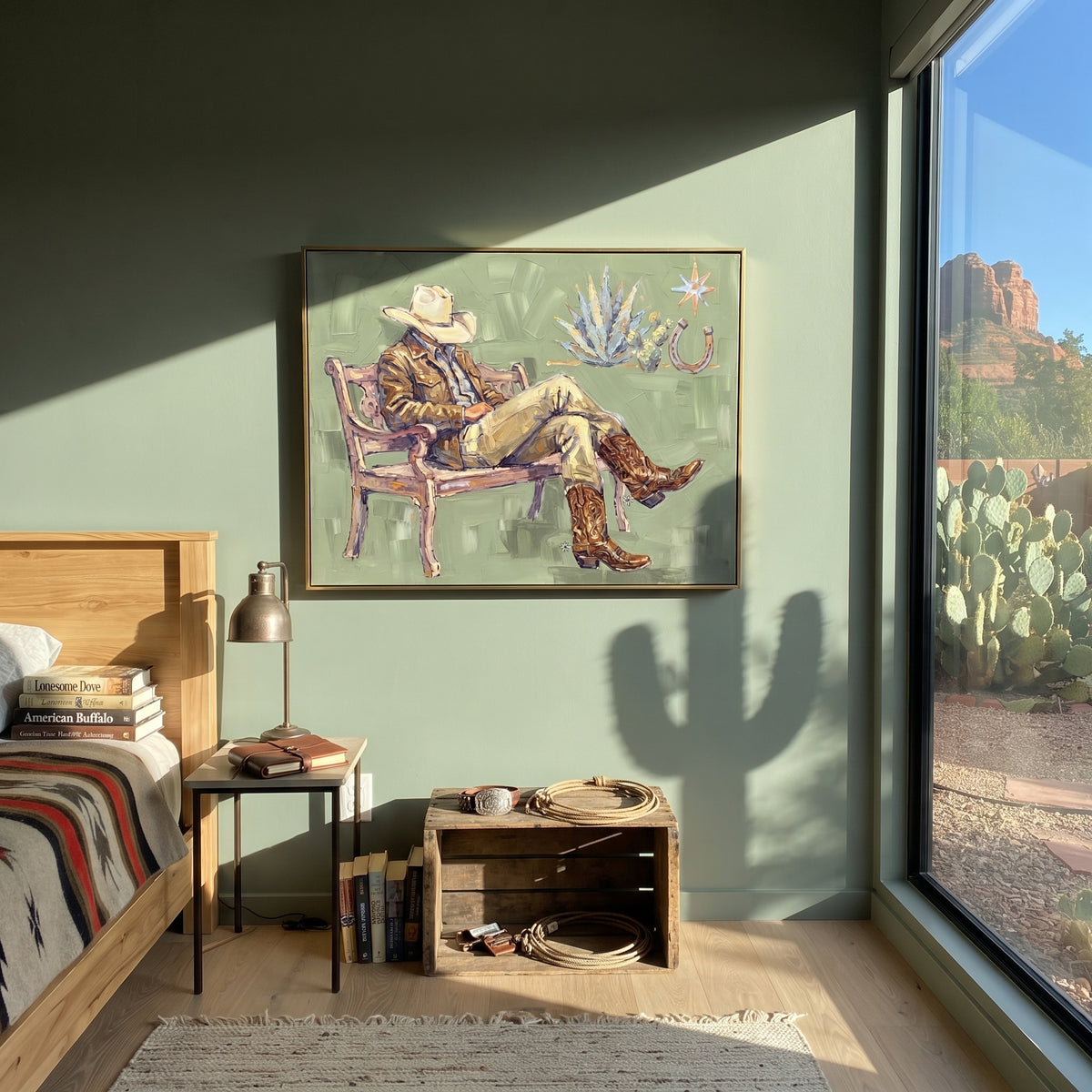 Luminous Mossy Seated Western Rider focuses on a relaxed western figure in a broad hat seated in a chair. The composition keeps the principal subject clearly separated from the painted field, so the eye can follow the specific gesture, silhouette, garment, fur, petal, ridge, or river visible in this artwork. Its color relationships move between orange, pink, and green, with lighter passages opening the focal area and deeper strokes giving the forms weight. Palette-knife edges, impasto ridges