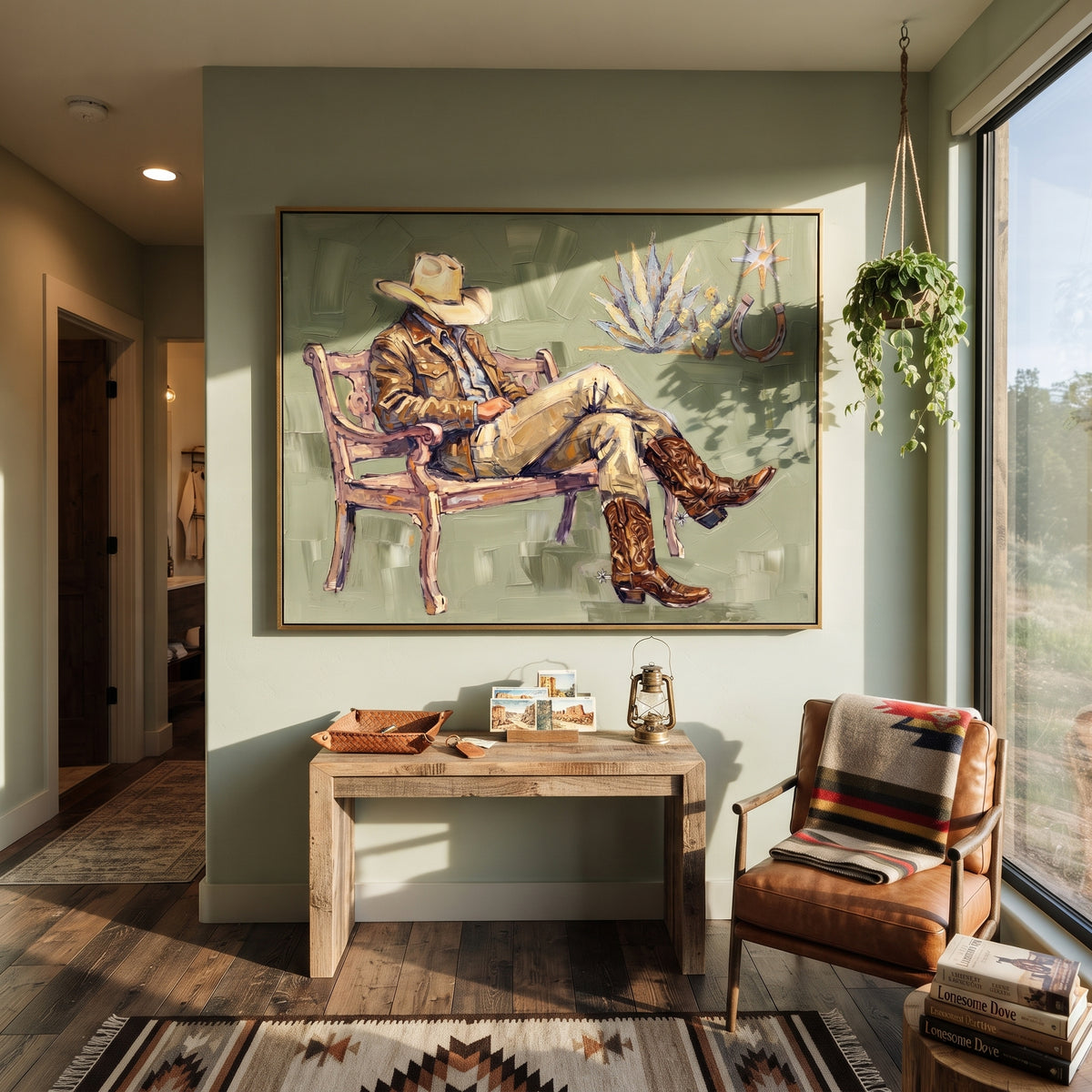 Luminous Mossy Seated Western Rider focuses on a relaxed western figure in a broad hat seated in a chair. The composition keeps the principal subject clearly separated from the painted field, so the eye can follow the specific gesture, silhouette, garment, fur, petal, ridge, or river visible in this artwork. Its color relationships move between orange, pink, and green, with lighter passages opening the focal area and deeper strokes giving the forms weight. Palette-knife edges, impasto ridges