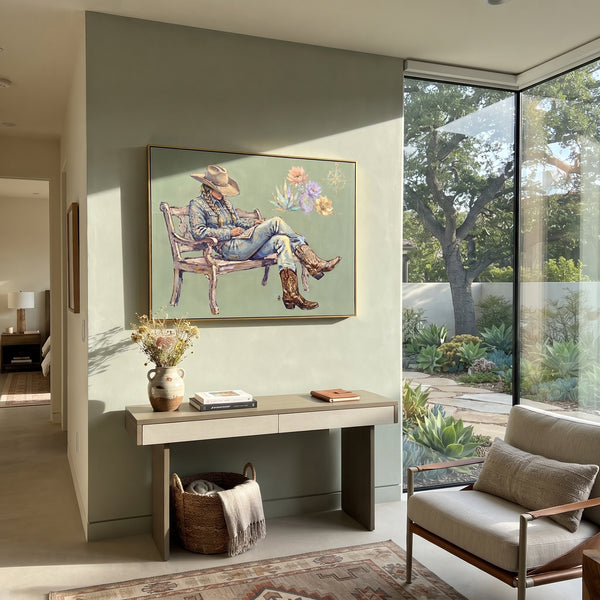 "Tender Mossy Seated Western Rider" - Modern Heavy Impasto Landscape Artwork | Green & Yellow Palette Knife Painting | Luxury Horizontal Wall Art #PT 3029