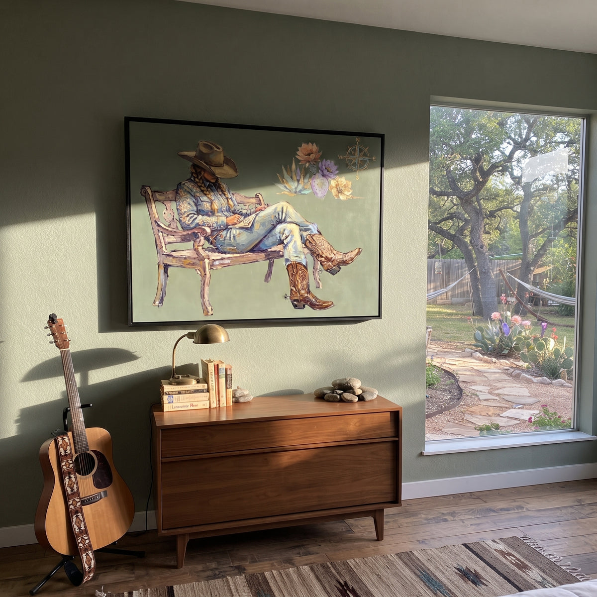 Tender Mossy Seated Western Rider focuses on a relaxed western figure in a broad hat seated in a chair. The composition keeps the principal subject clearly separated from the painted field, so the eye can follow the specific gesture, silhouette, garment, fur, petal, ridge, or river visible in this artwork. Its color relationships move between green, yellow, and beige, with lighter passages opening the focal area and deeper strokes giving the forms weight. Palette-knife edges, impasto ridges