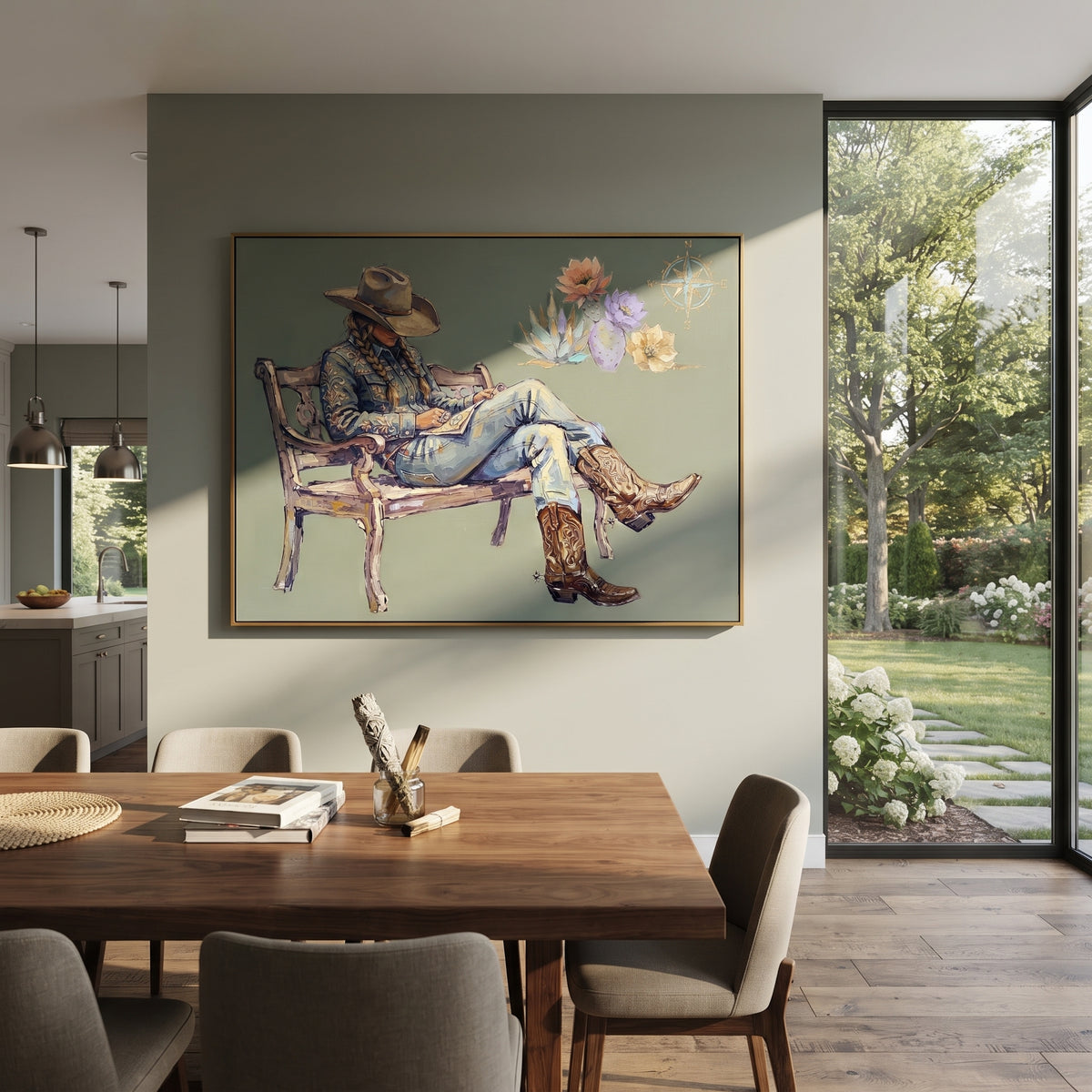 Tender Mossy Seated Western Rider focuses on a relaxed western figure in a broad hat seated in a chair. The composition keeps the principal subject clearly separated from the painted field, so the eye can follow the specific gesture, silhouette, garment, fur, petal, ridge, or river visible in this artwork. Its color relationships move between green, yellow, and beige, with lighter passages opening the focal area and deeper strokes giving the forms weight. Palette-knife edges, impasto ridges