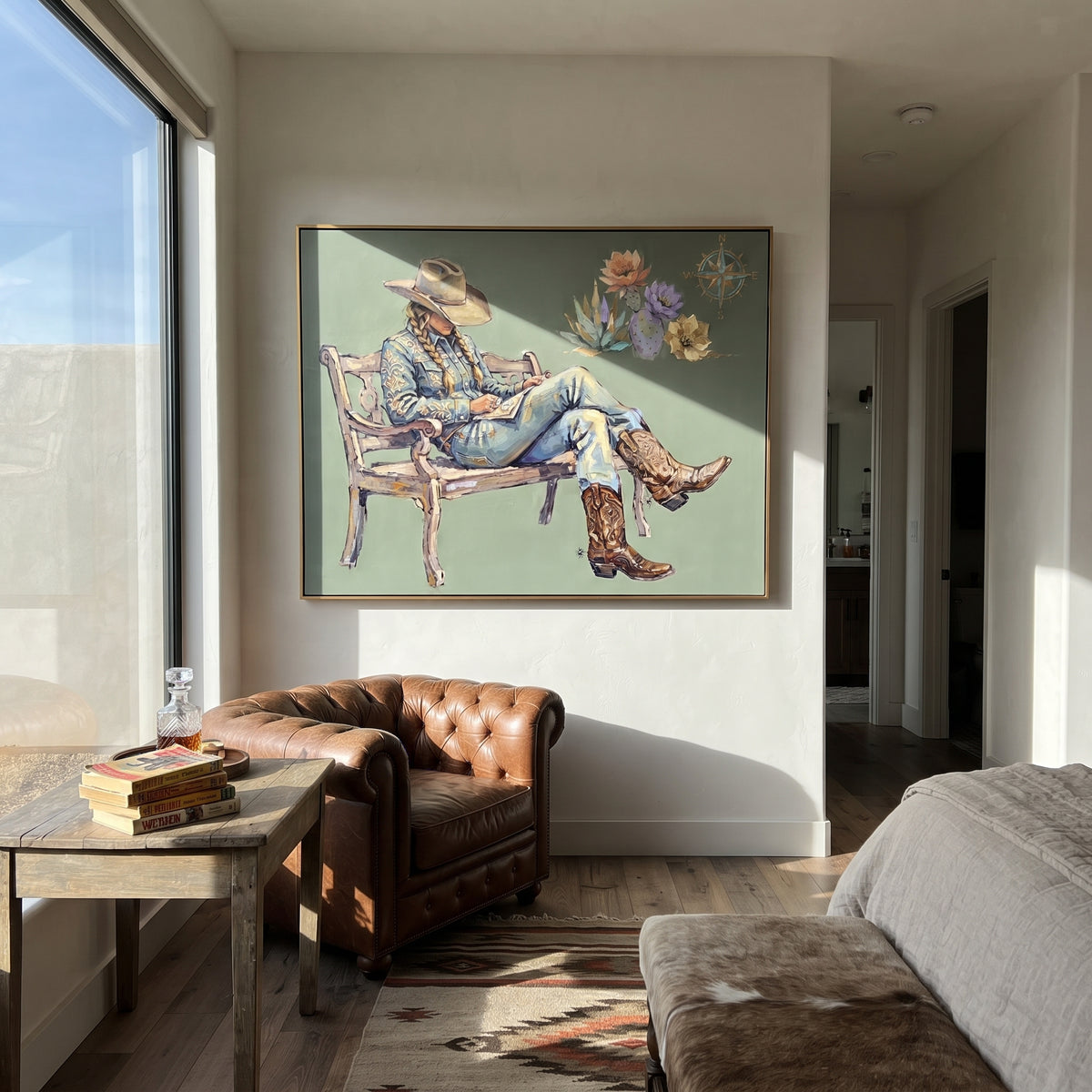 Tender Mossy Seated Western Rider focuses on a relaxed western figure in a broad hat seated in a chair. The composition keeps the principal subject clearly separated from the painted field, so the eye can follow the specific gesture, silhouette, garment, fur, petal, ridge, or river visible in this artwork. Its color relationships move between green, yellow, and beige, with lighter passages opening the focal area and deeper strokes giving the forms weight. Palette-knife edges, impasto ridges