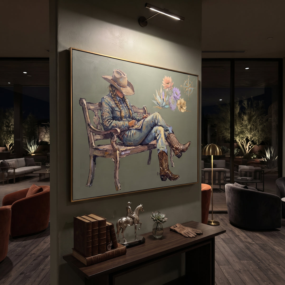Tender Mossy Seated Western Rider focuses on a relaxed western figure in a broad hat seated in a chair. The composition keeps the principal subject clearly separated from the painted field, so the eye can follow the specific gesture, silhouette, garment, fur, petal, ridge, or river visible in this artwork. Its color relationships move between green, yellow, and beige, with lighter passages opening the focal area and deeper strokes giving the forms weight. Palette-knife edges, impasto ridges