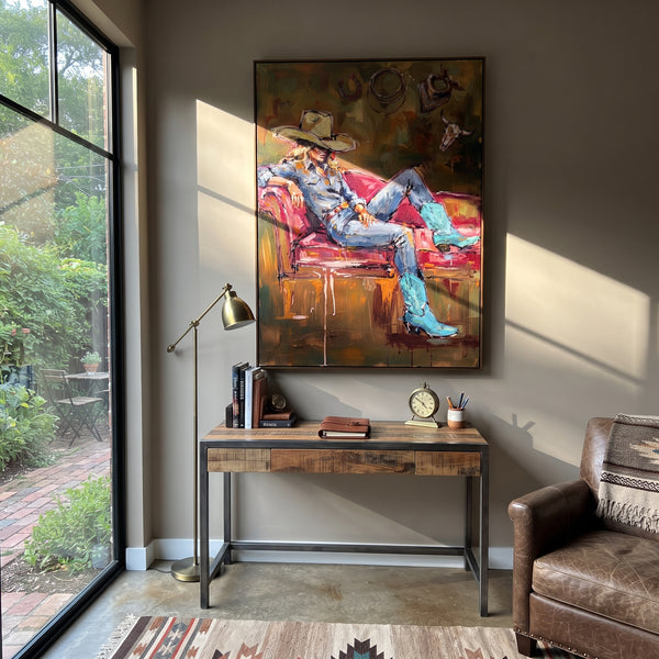 "Cobalt Mossy Seated Western Rider" - Modern Heavy Impasto Landscape Artwork | Blue & Grey Palette Knife Painting | Luxury Vertical Wall Art #PT 3030