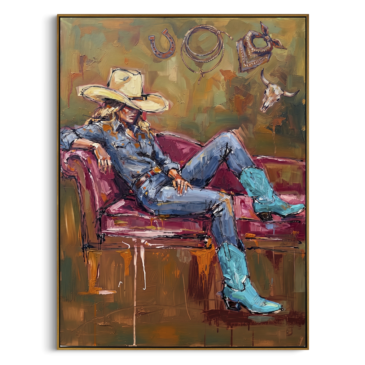 Cobalt Mossy Seated Western Rider focuses on a relaxed western figure in a broad hat seated in a chair. The composition keeps the principal subject clearly separated from the painted field, so the eye can follow the specific gesture, silhouette, garment, fur, petal, ridge, or river visible in this artwork. Its color relationships move between blue, grey, and white, with lighter passages opening the focal area and deeper strokes giving the forms weight. Palette-knife edges, impasto ridges, broken