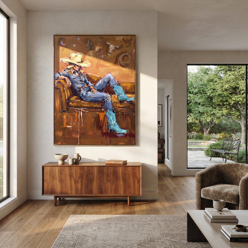 "Mossy Mossy Seated Western Rider" - Modern Heavy Impasto Landscape Artwork | Green & Brown Palette Knife Painting | Luxury Vertical Wall Art #PT 3031
