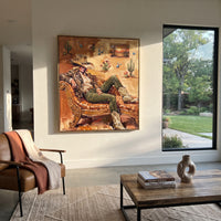 Golden Mossy Seated Western Rider focuses on a relaxed western figure in a broad hat seated in a chair. The composition keeps the principal subject clearly separated from the painted field, so the eye can follow the specific gesture, silhouette, garment, fur, petal, ridge, or river visible in this artwork. Its color relationships move between orange, black, and beige, with lighter passages opening the focal area and deeper strokes giving the forms weight. Palette-knife edges, impasto ridges