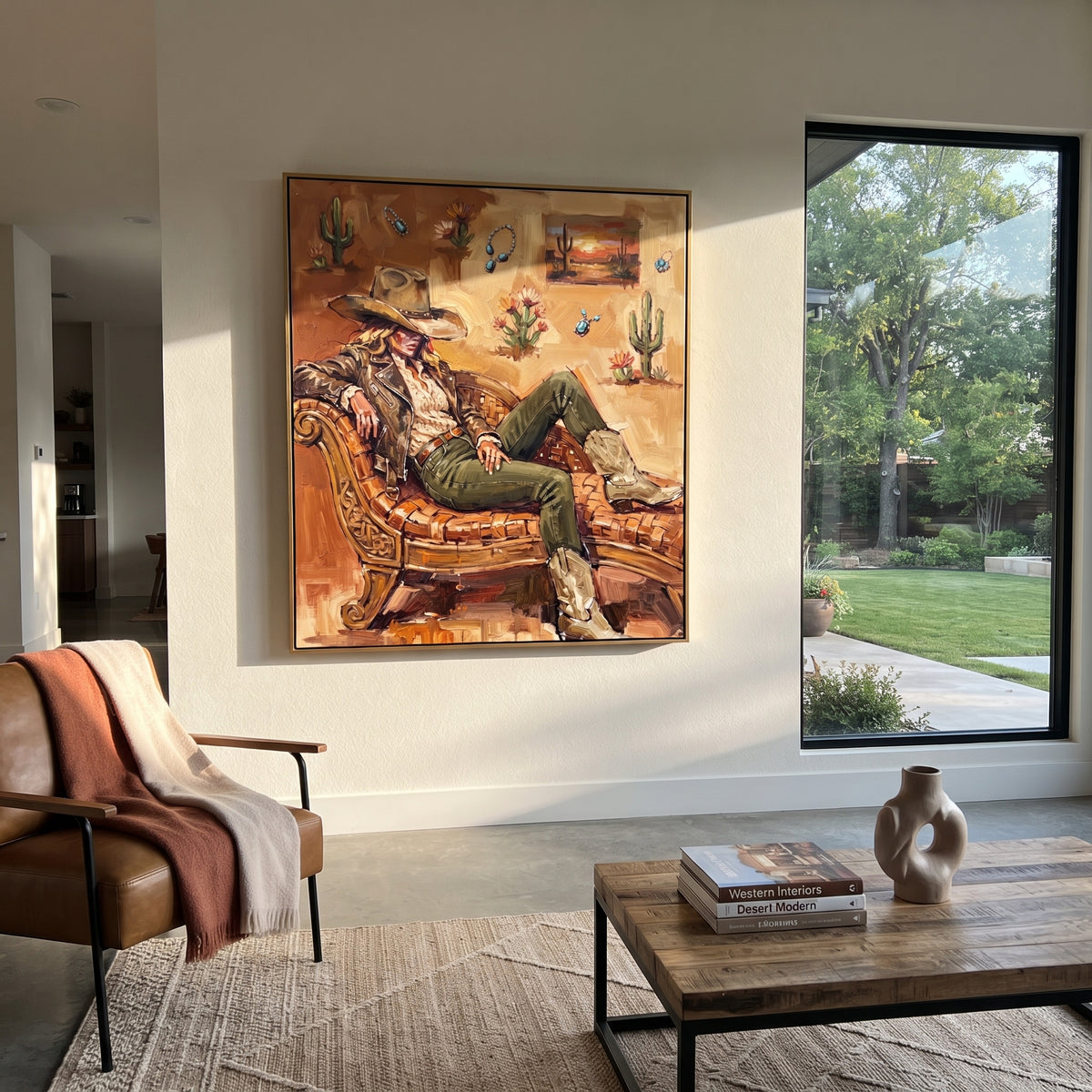 Golden Mossy Seated Western Rider focuses on a relaxed western figure in a broad hat seated in a chair. The composition keeps the principal subject clearly separated from the painted field, so the eye can follow the specific gesture, silhouette, garment, fur, petal, ridge, or river visible in this artwork. Its color relationships move between orange, black, and beige, with lighter passages opening the focal area and deeper strokes giving the forms weight. Palette-knife edges, impasto ridges